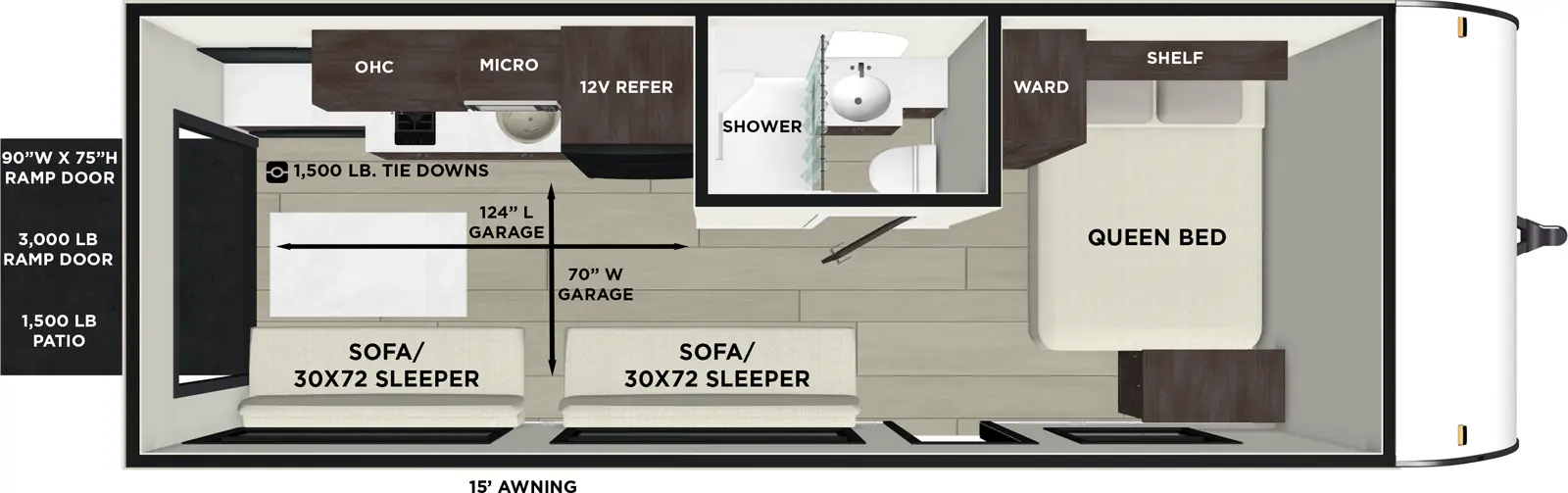 The Wildwood FSX 190RTK floorplan is a toy hauler that has one entry and zero slide outs. Exterior features include: fiberglass exterior and 15' awning. Interiors features include: front bedroom.